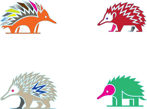 Four stylized echidna in various colors spiny anteater