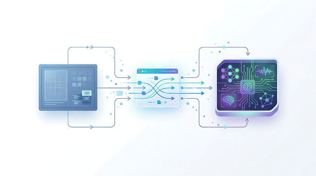 API integration connecting legacy system to AI platform in clean minimal business technology illustration