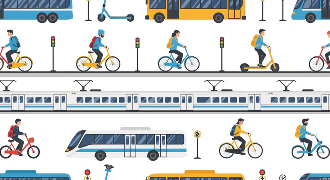 Seamless pattern with various urban transport and people.