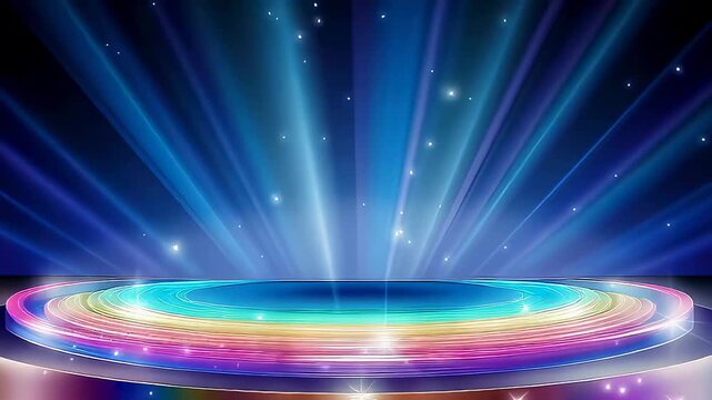 Illuminated circular podium for product presentation. Glowing stage platform with blue light rays in background. Dynamic event stand for luxury item display model.