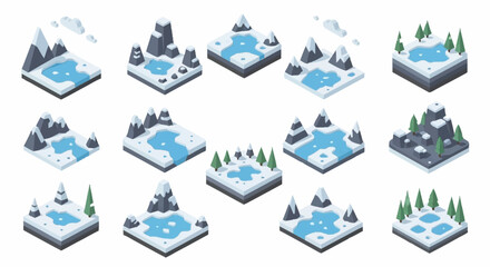 Collection of isometric winter landscapes with snow-capped mountains, frozen lakes, and evergreen trees. © Rina