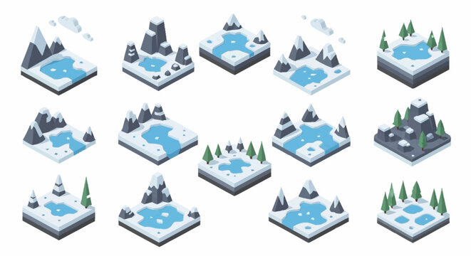 Collection of isometric winter landscapes with snow-capped mountains, frozen lakes, and evergreen trees.