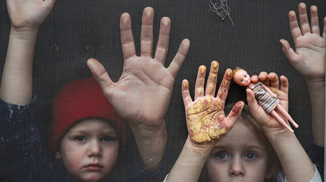 Children raising hands with paint smudges in creative indoor workshop evoking innocence and artistic expression