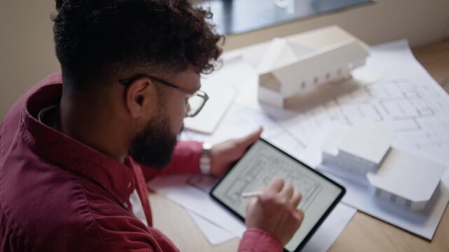 Bearded architect draws floor plan on tablet near house model