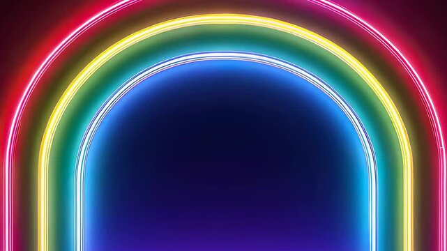 Neon rainbow arch gateway for product display. Multicolored circular light tunnel background. Modern presentation stage for commercial branding mockup design concept.