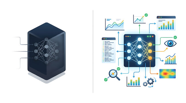 AI observability transformation showing unmonitored system becoming fully observable pipeline in clean minimal business technology illustration