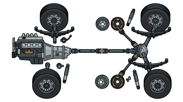 Automotive Drivetrain System Components Top View Illustration.