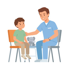 Obraz premium A male nurse in blue scrubs kindly comforts a sad young boy sitting on a chair with a stuffed elephant toy in a healthcare setting.