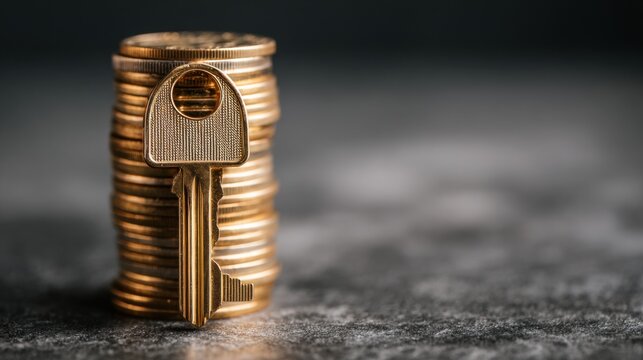 Golden Key Rests Upon Stack of Coins Symbolizing Financial Success and Access