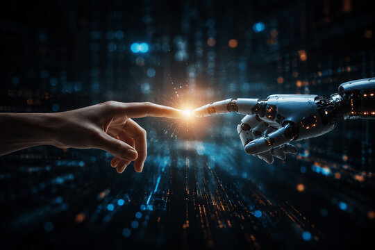 AI generated human robotic fingers reaching toward glowing light symbolizing artificial intelligence collaboration innovation digital transformation future technology