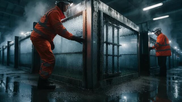 Maintenance access angle capturing workers inspecting nickel electrolytic cells with clear visibility of rectangular cell structure and electrode surfaces in the sulfate
