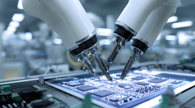 Highly precise robotic limbs affixing electronic parts onto expansive circuit boards. Advanced electronics production in a sterile lab space.