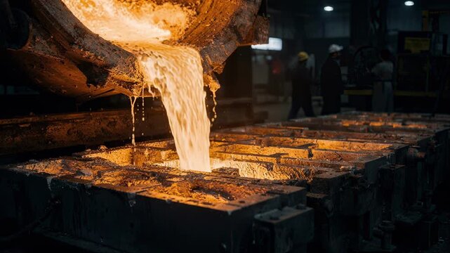 Bright molten aluminum being tapped into sow casting molds emphasizing the liquid metals controlled flow and industrial pouring process.