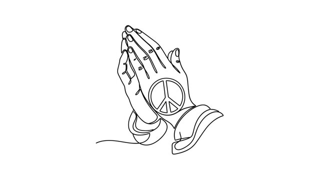 Praying Hands with Peace Symbol - Line Art