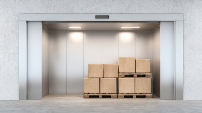 Industrial freight elevator with stacked pallets of boxes inside a modern warehouse