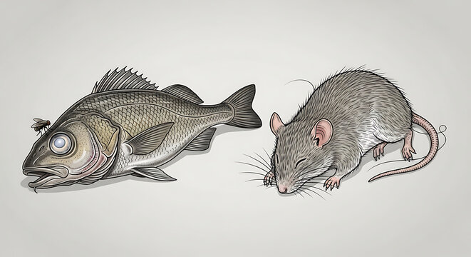 A fish and a mouse facing each other.