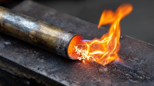 Intense close-up of a welding torch igniting molten metal with a fiery outburst on a textured surface