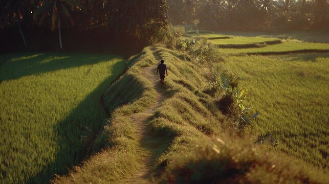 Lone farmer walks a narrow grass ridge path between lush green fields at sunrise or sunset