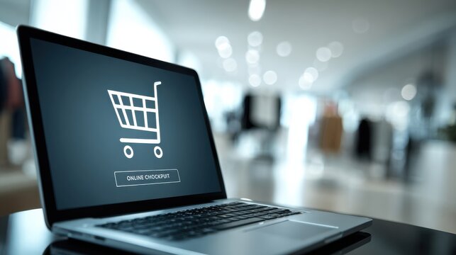 Laptop screen displaying online shopping cart and checkout button in a modern setting