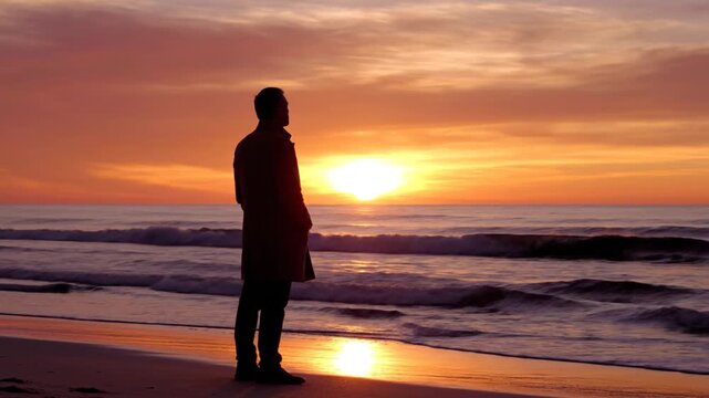Man in silhouette watching beautiful sunset over ocean from beach