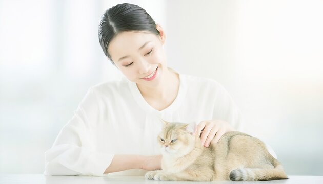 猫カフェでリラックスする若い女性と可愛い猫