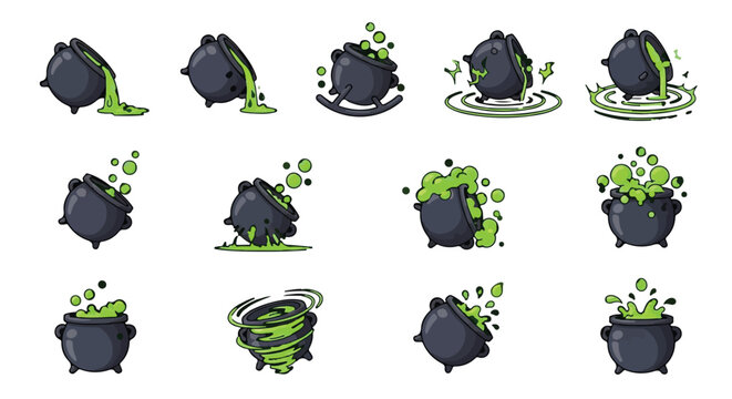 Witch cauldrons bubbling and spilling glowing green magic potion
