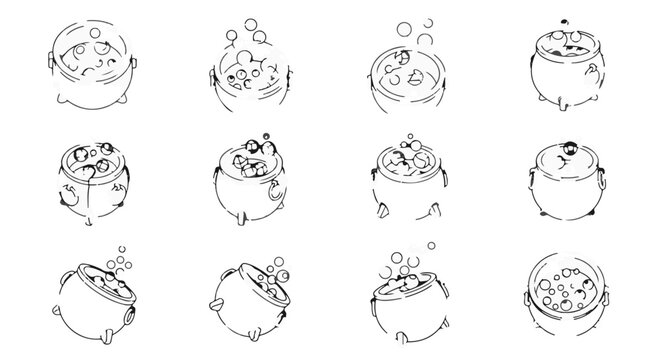 Witch cauldrons with bubbling magic potions in sketch style