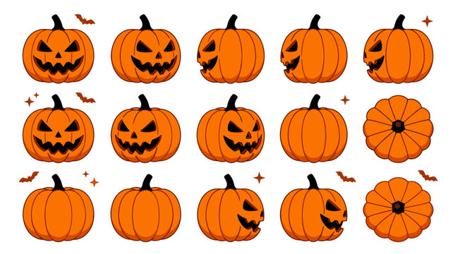 Collection of Halloween Jack o Lantern pumpkins with various spooky faces and bats vector