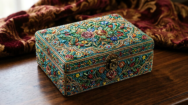 Exquisitely Beaded Floral Jewelry Box with Ornate Clasp