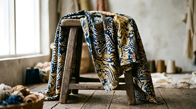 Intricate batik fabric draped over a rustic wooden stool showcasing traditional Indonesian textile art