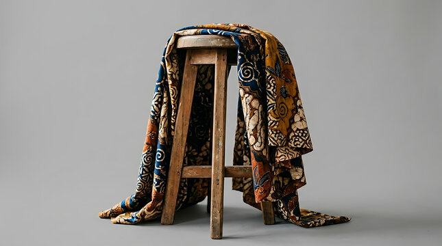 Intricate Batik Fabric Draped Over a Rustic Wooden Stool Showcasing Traditional Indonesian Artistry