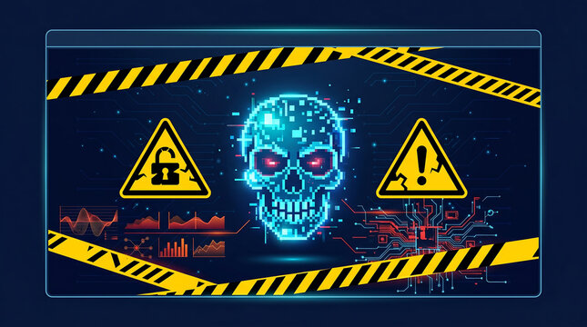 Futuristic cybersecurity error screen with digital skull warning signs circuit data dashboard and caution tape on dark technology background
