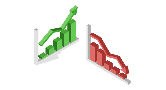 3D graph bars with green up and red down trend arrows on white background.