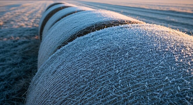 A close-up view of frosted alfalfa bales resting in a serene agricultural field during a cold winter morning with soft sunlight reflecting on hay