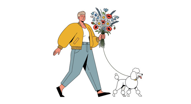 Elderly person walking a poodle with flowers.