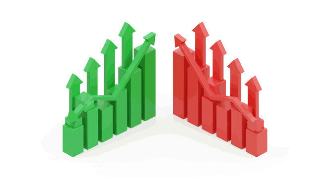 3D bar chart with green and red arrows.