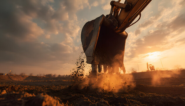 Dirt and dust fly from the excavator bucket as the operator works on the construction site during the golden hour sunset.