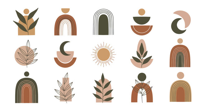 Boho Abstract Elements Collection - Sun, Moon, Rainbows, and Leaves.