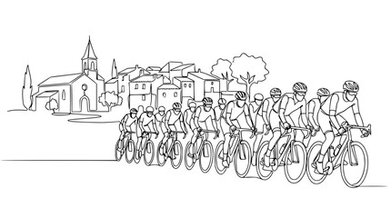 Fototapeta premium Cycling Race Through European Village: Continuous Line Art Illustration