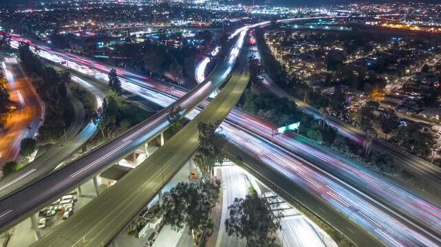 Aerial time lapse of traffic on the 5 freeway running through Los Angeles California.
