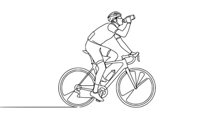 Naklejka premium Cyclist drinking from bottle, continuous line art, white background, sports illustration