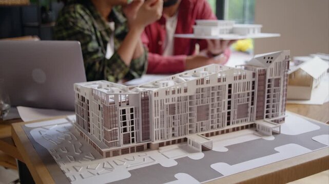 Scale building model dominates studio desk during design review