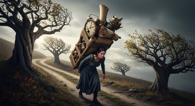 Woman carrying a heavy burden of clocks in nature.
