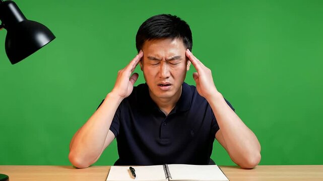 A Stressed Man in Navy Polo Shirt Sitting at Desk Rubbing Temples Against Green Screen Background Discussing Workplace Anxiety and Mental Health Issues