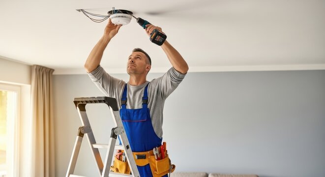 Electrician installing a ceiling fan light fixture with a drill on a ladder.