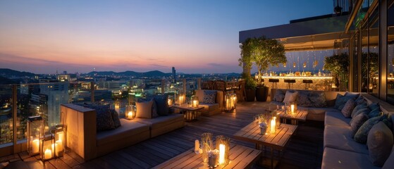 Fototapeta premium Rooftop bar at dusk with city view candles and seating