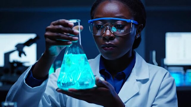 Biotechnology Researcher In A Darkened Laboratory Holding A Luminous Conical Flask Of Blue Liquid For Scientific Analysis
