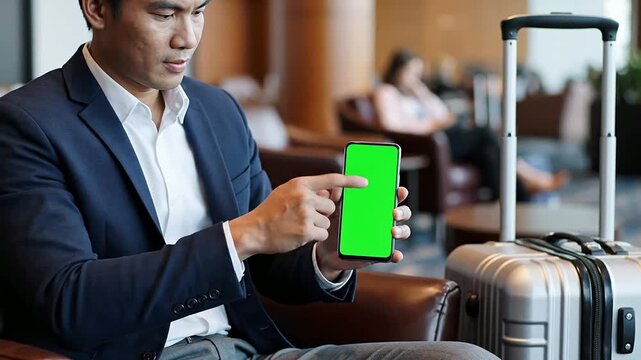 Business Traveler Relaxing in Luxurious Airport Lounge Holding Smartphone with Green Screen Next to Silver Suitcase