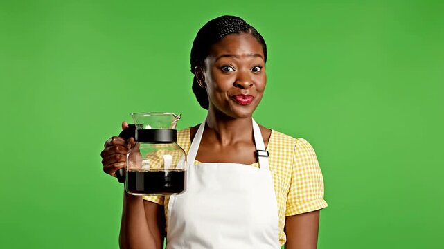 Cheerful Waitress in Yellow Gingham Dress Holding Coffee Pot Against Green Screen Background for Professional Use