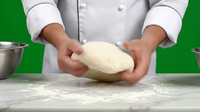 Chefs Hands Kneading A Large Ball Of Dough On A Flour-Dusted Marble Slab With Green Screen Background